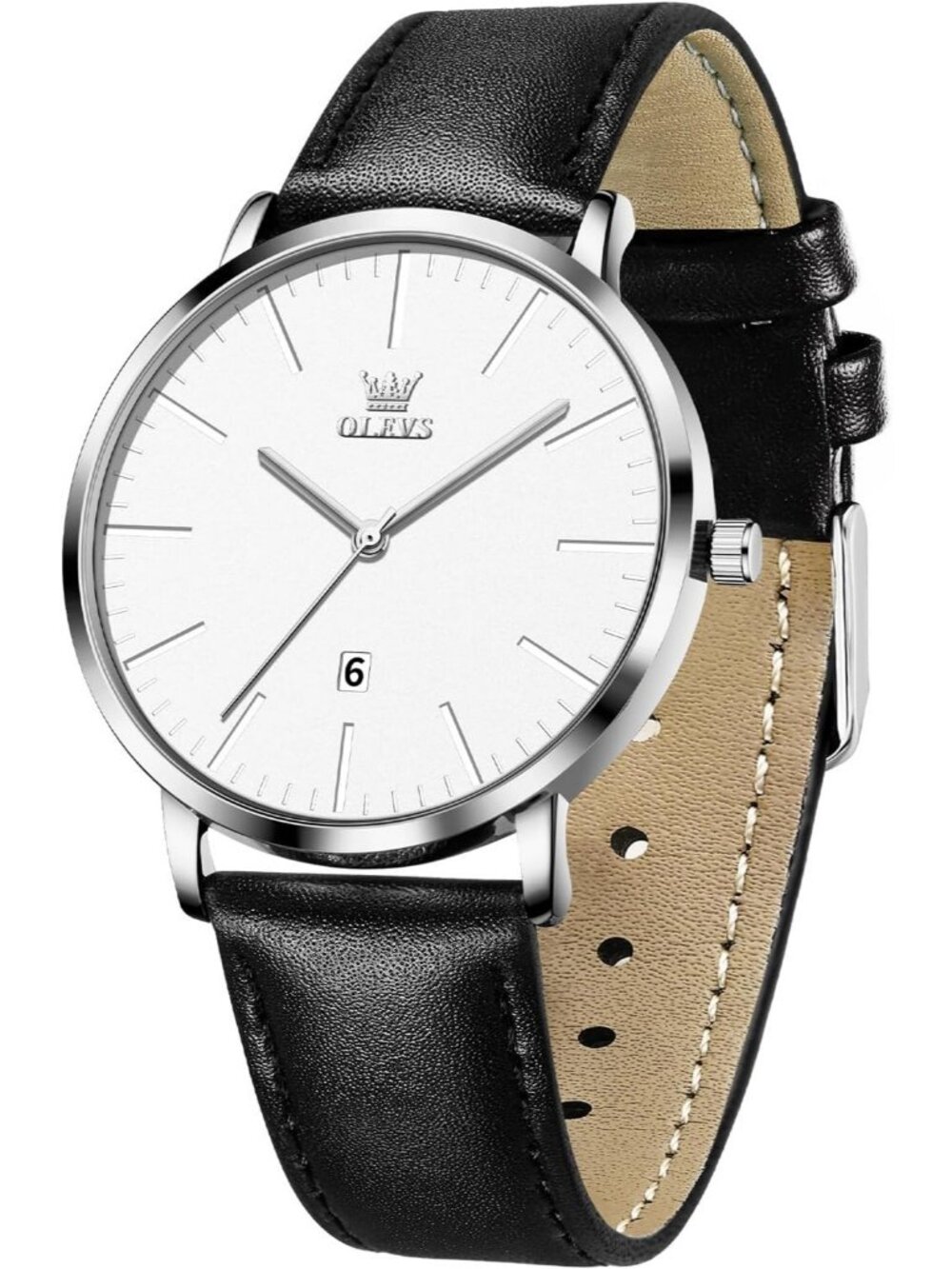 Olevs Men's Black And White Analog Leather Large Face Date Luxury Wrist Watches